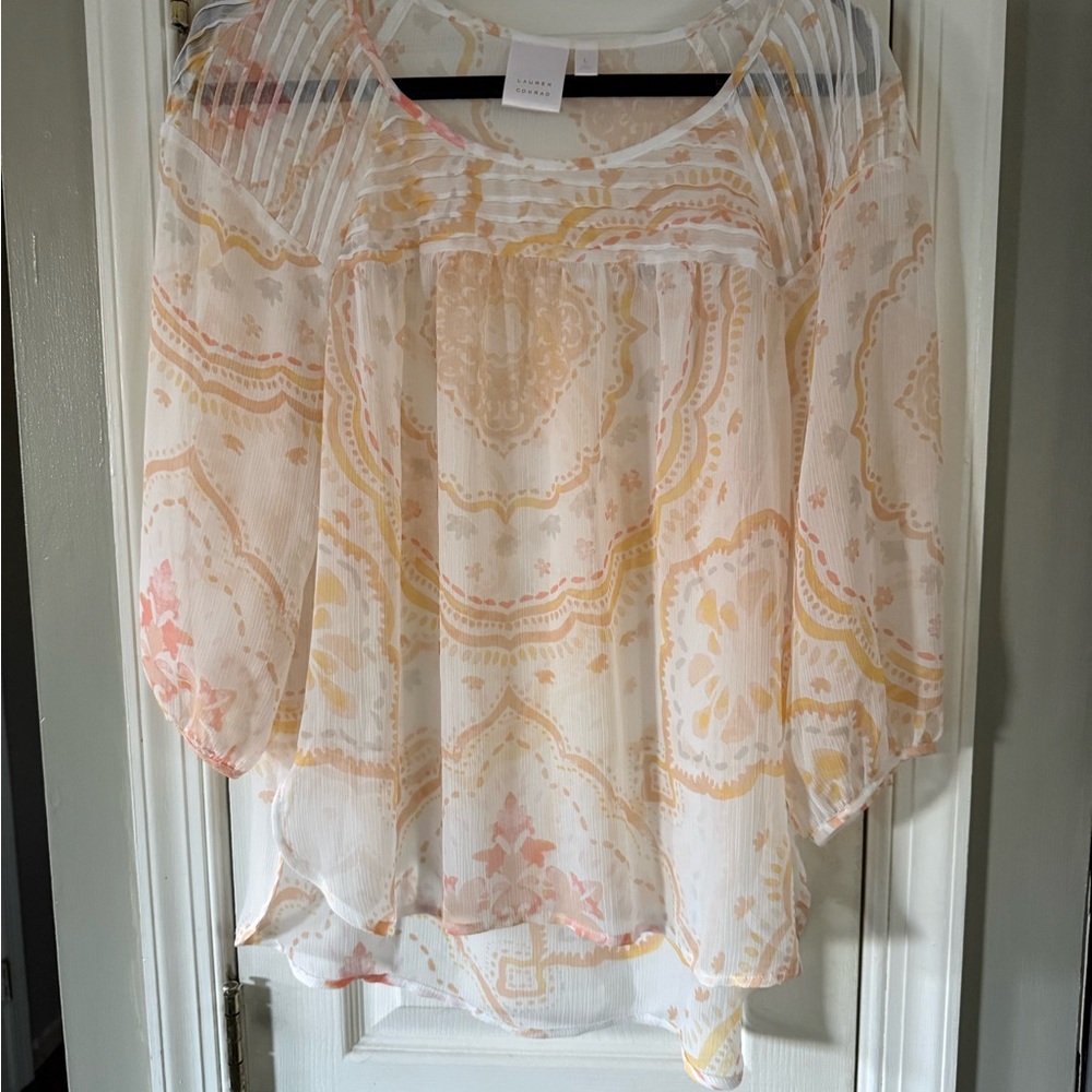 LC Lauren Conrad Sheer Blouse with Pink and Yellow Patterns
